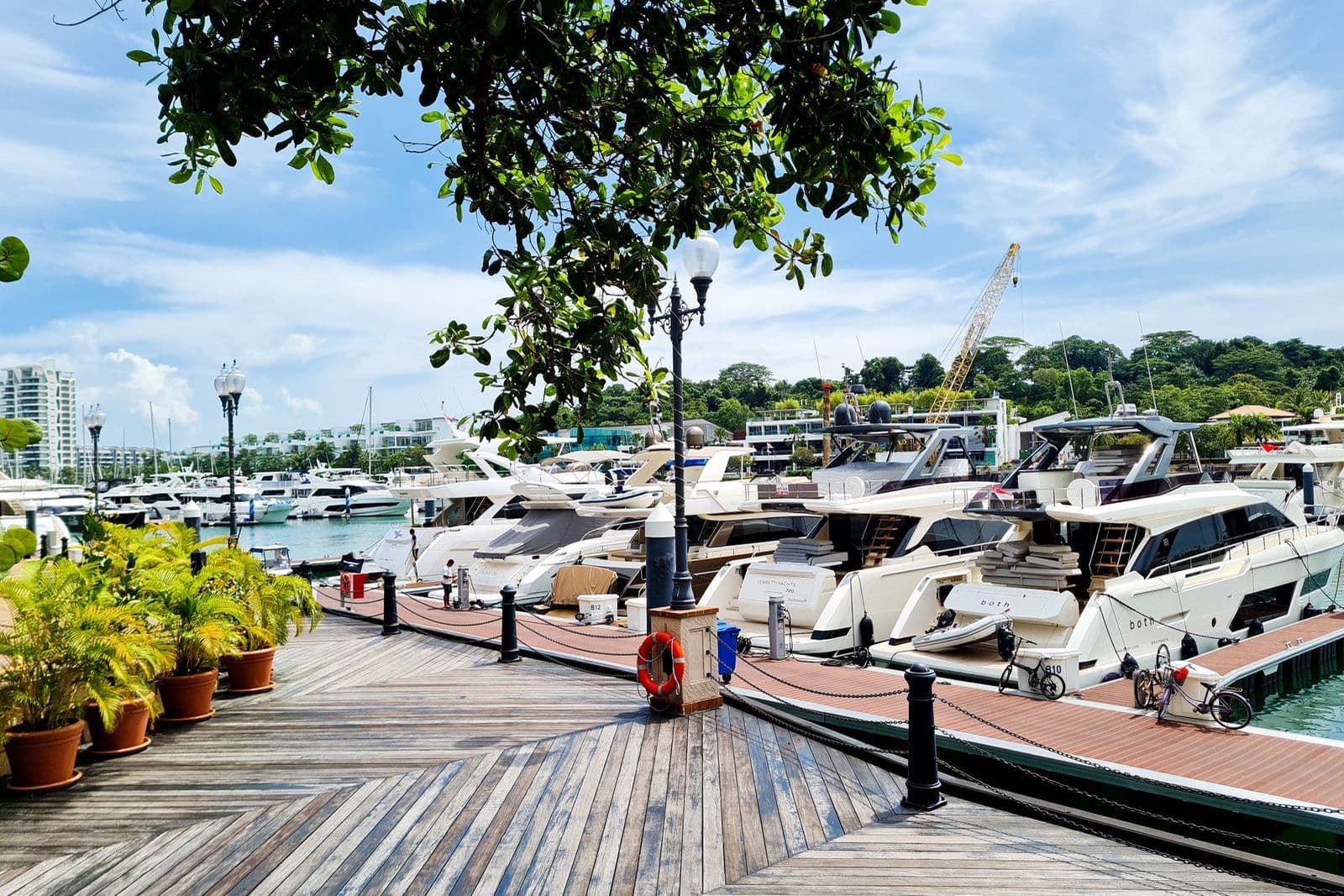 Yachts moored along a timber boardwalk at a Singapore marina