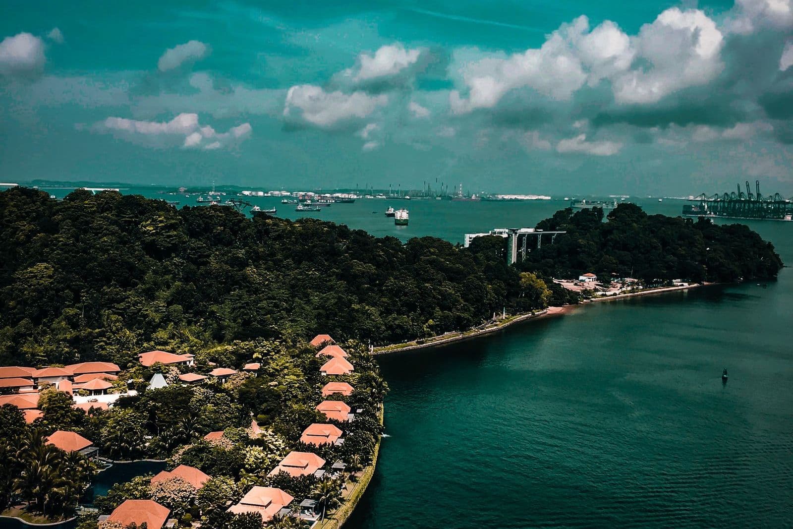Aerial view of Sentosa’s wooded coastline with red-roofed buildings and shipping lanes beyond